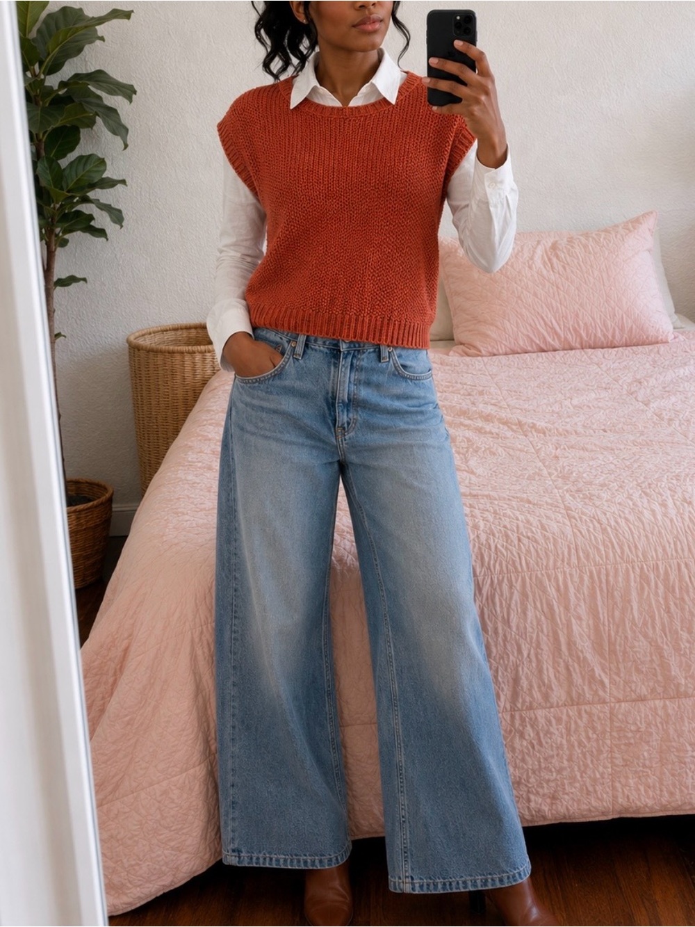 Sweater Seed-Stitch Knit Cap Sleeve Boxy Pullover Rust Quiet Luxury Minimalist S